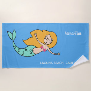 Funny Mermaid custom name, location & colour Beach Towel