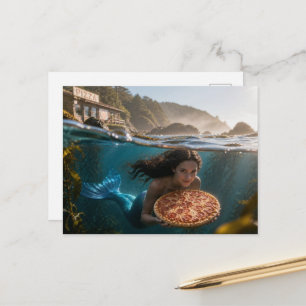 Funny Mermaid With a Pizza Postcard