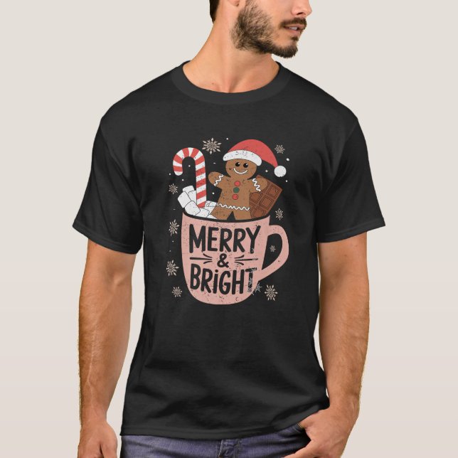 Funny Merry And Bright Christmas Gingerbread Man H T-Shirt (Front)