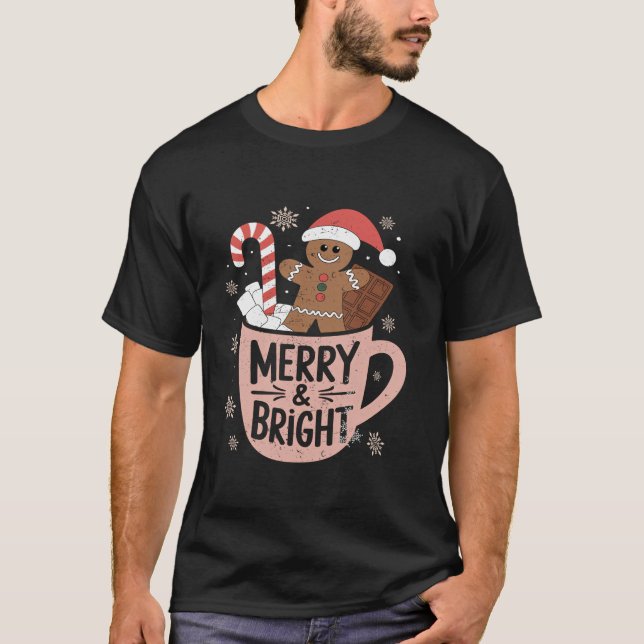 Funny Merry And Bright Christmas Gingerbread Man H T-Shirt (Front)
