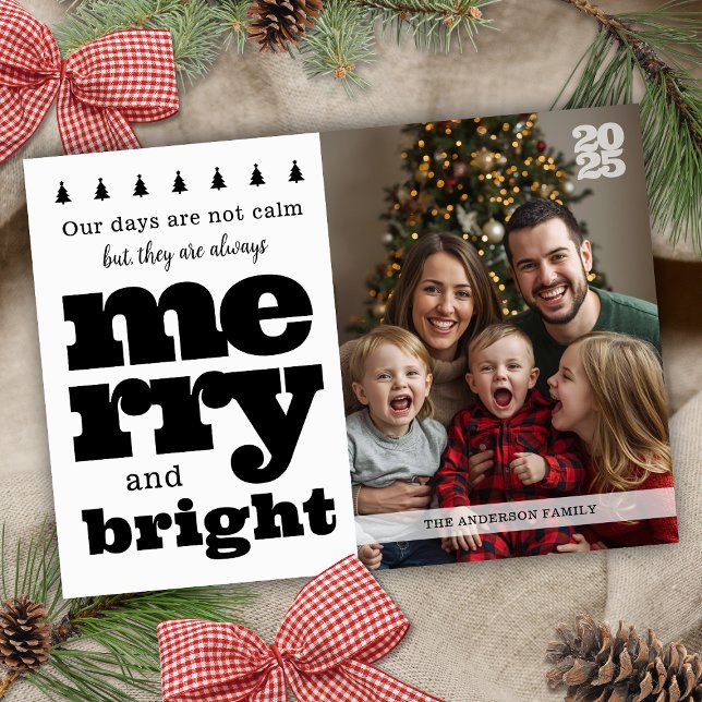 Funny Merry and Bright Large Family Christmas Card (fun merry and bright christmas card for big family photo that isn't perfect and chaos loving humor)