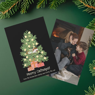 Funny Merry Catnaps! Cat on Chistmas Tree Black Holiday Card