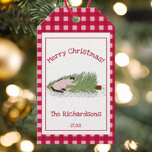 Funny Merry Christmas! Cat vs Tree Red Gingham Gift Tags