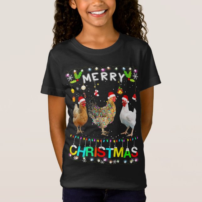 Funny Merry Christmas Chicken Santa Hat Lights Xma T-Shirt (Front)