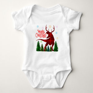 funny merry christmas dinosaur deer check plaid baby bodysuit