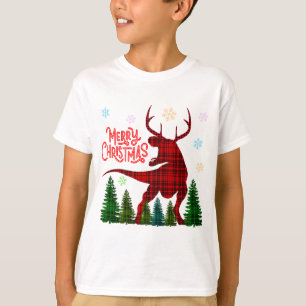 funny merry christmas dinosaur deer check plaid T-Shirt