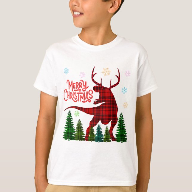 funny merry christmas dinosaur deer check plaid T-Shirt (Front)