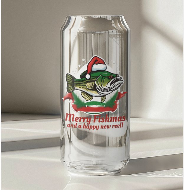 Funny Merry Christmas Fishmas Fishing Santa Fish Can Glass (Merry Fishmas! A fun Christmas themed fishing stocking stuffer or fill it fishing lures!)