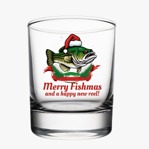 Funny Merry Christmas Fishmas Fishing Santa Fish Whiskey Glass