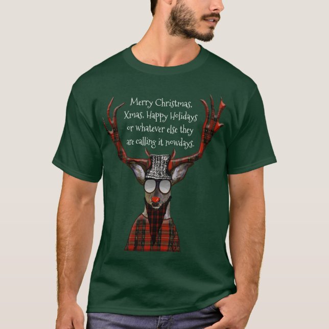 Funny Merry Christmas Hipster Deer T-Shirt (Front)