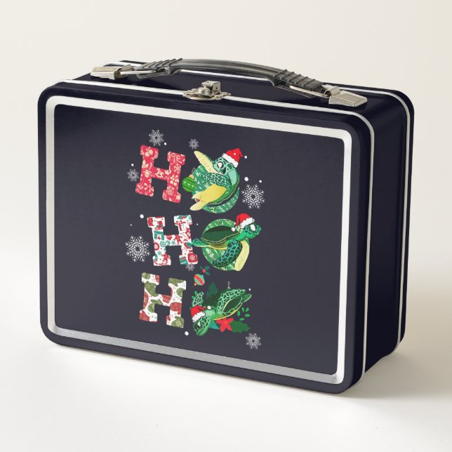 Funny Merry Christmas HO HO HO Turtle Santa Metal Lunch Box (Front)