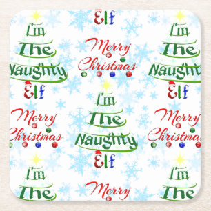 Funny Merry Christmas Holiday Naughty Elf Square Paper Coaster