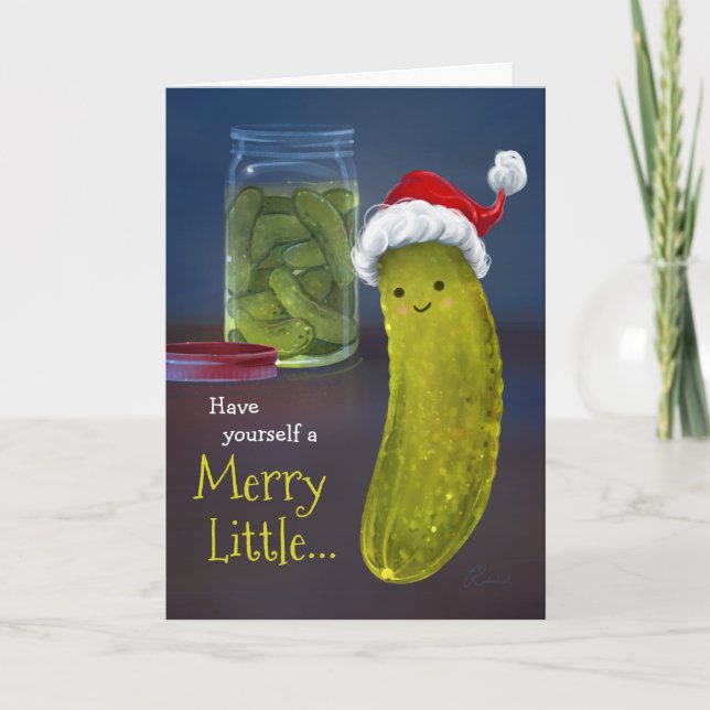Funny Merry Christmas Little Santa Pickle Holiday Card (Front)