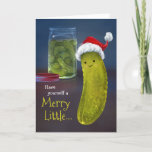 Funny Merry Christmas Little Santa Pickle Holiday Card<br><div class="desc">Create your own funny pickle Christmas cards that can be personalised with a custom holiday greeting. The fun artwork by Raphaela Wilson depicts a cute dill pickle wearing a santa hat with a jar full of pickles in the background. The outside of these funny dill pickle holiday cards conveys the...</div>