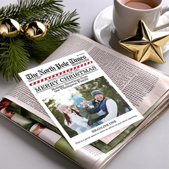 Funny Merry Christmas One Photo North Pole News  Holiday Card (Merry Christmas classic Newspaper print photo holiday card. )