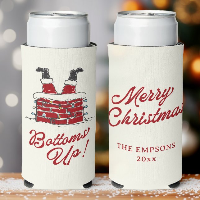Funny Merry Christmas Santa Bottoms Up Friendmas Seltzer Can Cooler (White Christmas can cooler featuring Santa’s boots-up in a brick chimney, cheery “Bottoms Up!”)