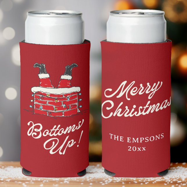Funny Merry Christmas Santa Bottoms Up Friendmas  Seltzer Can Cooler (Red Christmas can cooler with Santa’s legs in a chimney, playful “Bottoms Up!” script)