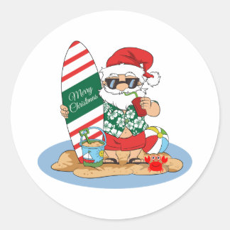 Funny Merry Christmas Santa on Summer Surf Beach Classic Round Sticker