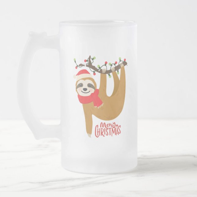 Funny Merry Christmas Sloth | Holidays Frosted Glass Beer Mug (Left)