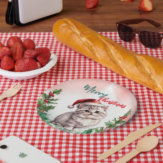 Funny Merry Christmas Wreath Cute Cat kitten Paper Plate (Picnic)