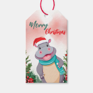 Funny Merry Christmas Wreath Cute HIPPO santa Gift Tags