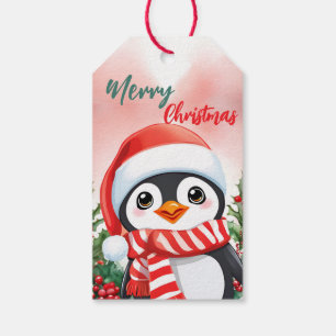 Funny Merry Christmas Wreath Cute Penguin Santa Gift Tags