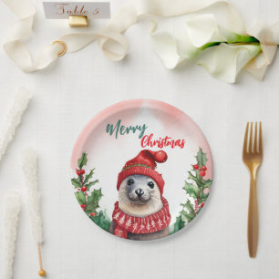 Funny Merry Christmas Wreath Cute sea lion seal Paper Plate