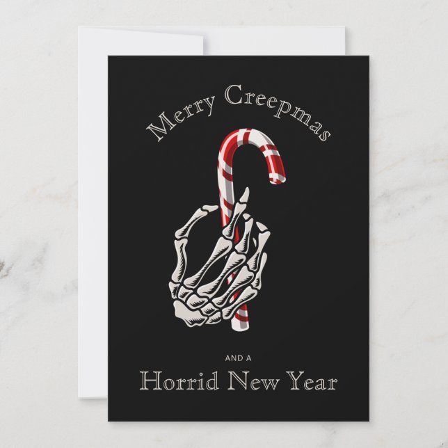 Funny Merry Creepmas Skeleton Candy Cane Card (Front)