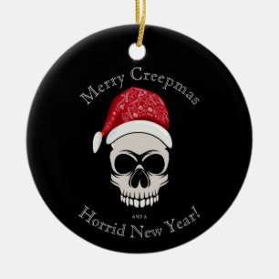 Funny Merry Creepmas Skull Santa Hat Ceramic Tree Decoration
