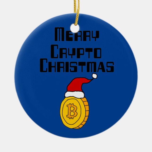 Funny Merry Crypto Christmas Bitcoin in Santa hat Ceramic Tree Decoration (Front)