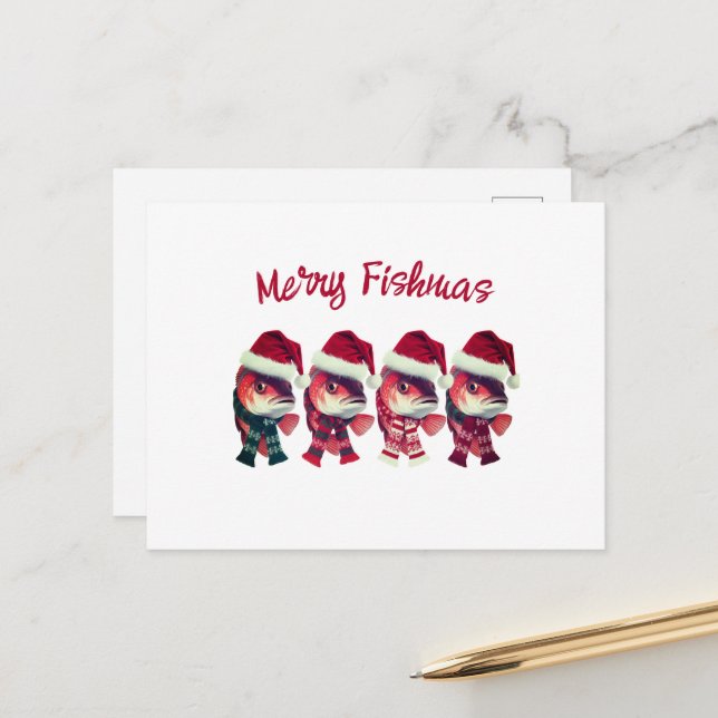 Funny Merry Fishmas Christmas Fishing Holiday Postcard (Front/Back In Situ)