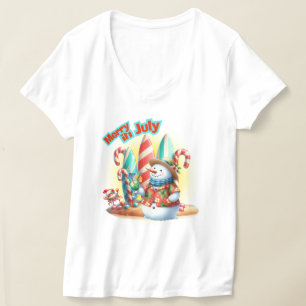 Funny Merry in July Snowman Surfboards on Beach T-Shirt