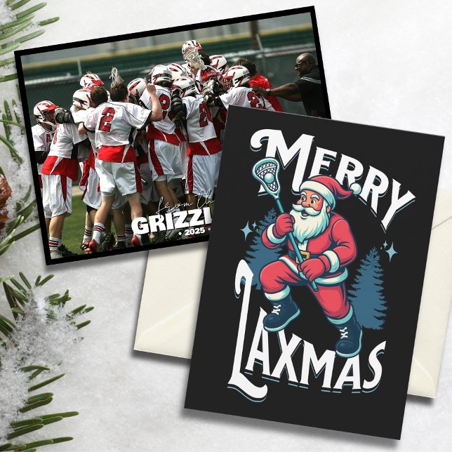 Funny Merry Laxmas Lacrosse Christmas Team Holiday Card (“Merry Laxmas” lacrosse-themed Christmas card with Santa and team photo on festive background.)