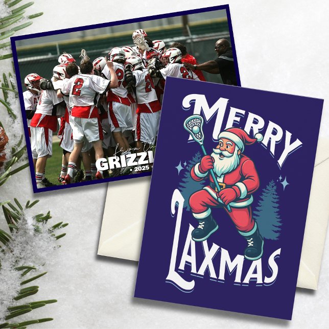 Funny Merry Laxmas Lacrosse Team Christmas Photo Holiday Card (Lacrosse-themed Christmas card with “Merry Laxmas” Santa design and team photo on snowy background.)