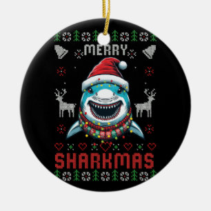 Funny Merry Sharkmas Ugly Christmas Shark Wearing  Ceramic Tree Decoration