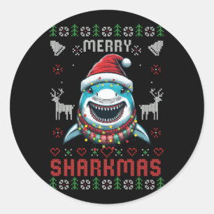 Funny Merry Sharkmas Ugly Christmas Shark Wearing Classic Round Sticker