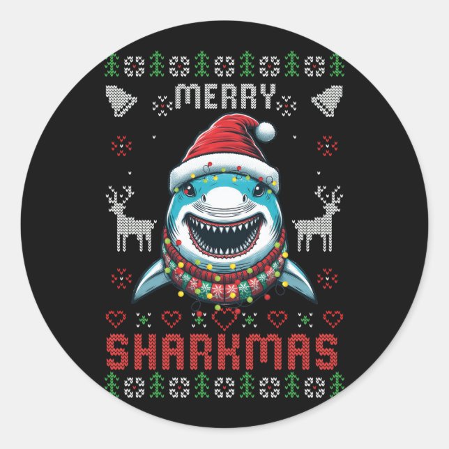 Funny Merry Sharkmas Ugly Christmas Shark Wearing  Classic Round Sticker (Front)