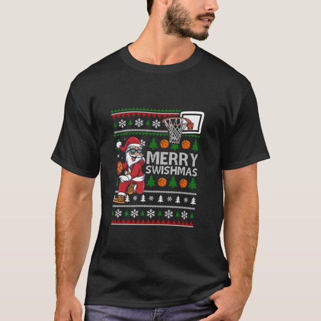 Funny Merry Swishmas Ugly Christmas Basketball Chr T-Shirt (Front)
