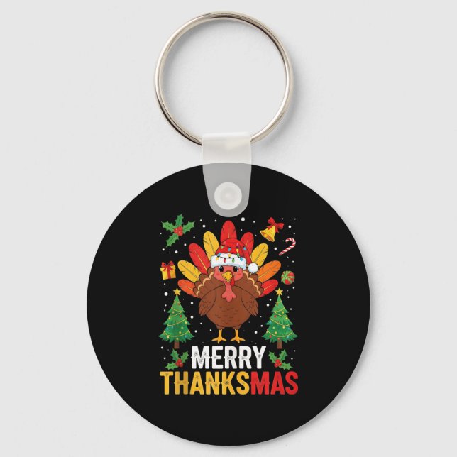 Funny Merry Thanksmas Happy Thanksgiving Santa Tur Key Ring (Front)