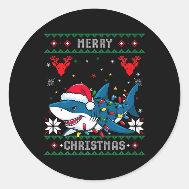 Funny Merry Ugly Christmas Shark Santa Hat Lights  Classic Round Sticker (Front)