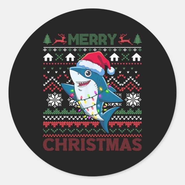 Funny Merry Ugly Christmas Shark Santa Hat Lights  Classic Round Sticker (Front)