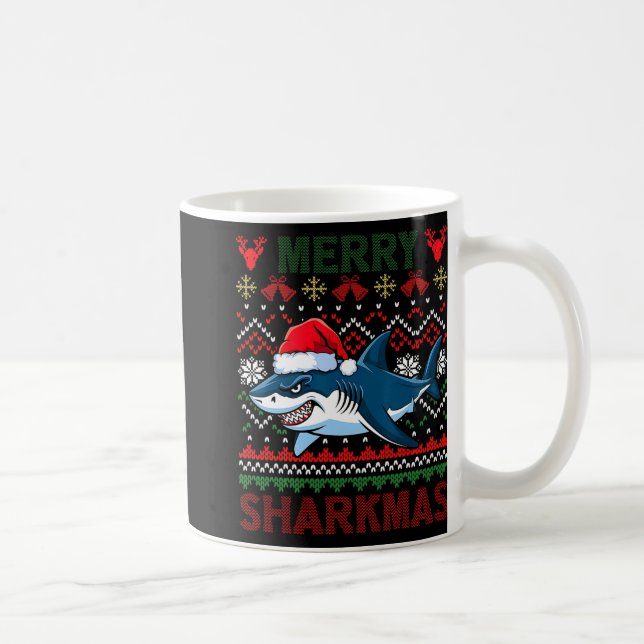 Funny Merry Ugly Christmas Shark Santa Hat Lights  Coffee Mug (Right)