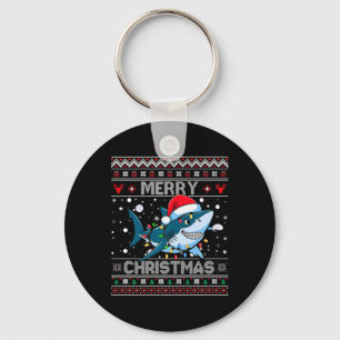 Funny Merry Ugly Christmas Shark Santa Hat Lights Key Ring