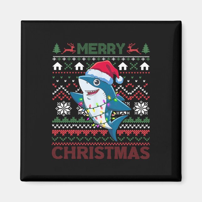 Funny Merry Ugly Christmas Shark Santa Hat Lights  Magnet (Front)