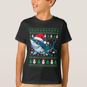 Funny Merry Ugly Christmas Shark Santa Hat Lights  T-Shirt
