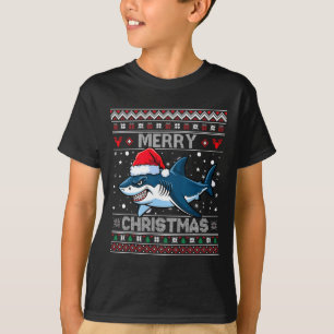 Funny Merry Ugly Christmas Shark Santa Hat Lights T-Shirt