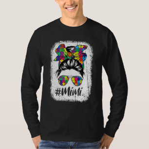 Funny Messy Bun Mimi Autism Puzzle Autism Awarenes T-Shirt