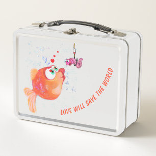 Funny Metal Lunch Box wit Fish and Worm - Cartoon
