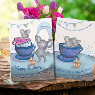 Funny  Mice in Teacup - Birthday Mice Cupcake Card