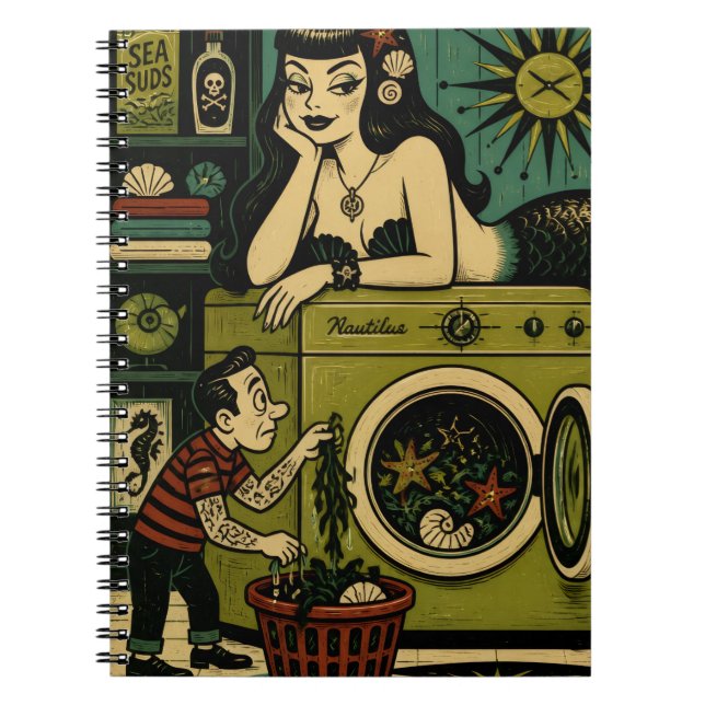 Funny Mid Century Sea Siren Laundry Day Notebook (Front)
